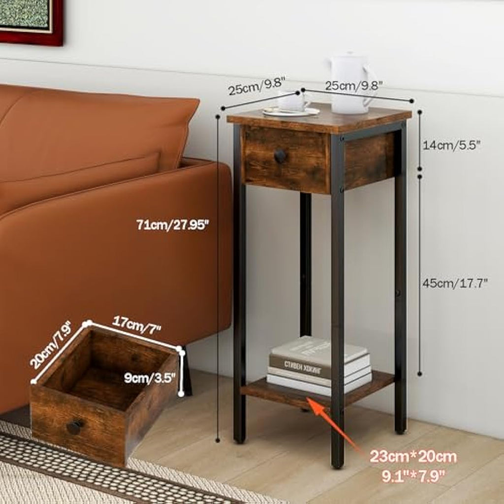 IBUYKE Narrow Nightstand Set of 2 | Slim Industrial Bedside Table, Brown