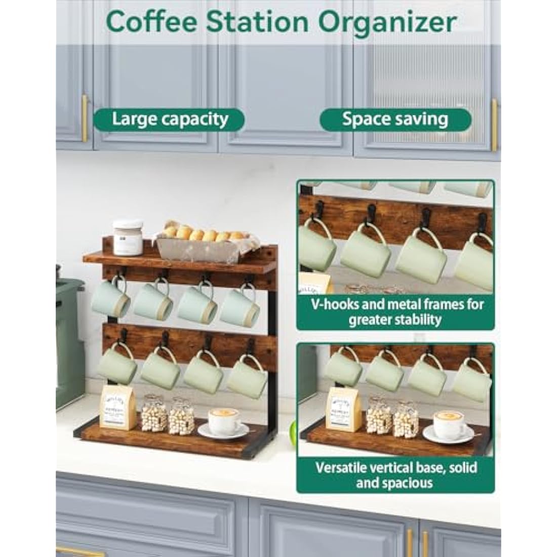IBUYKE 2-Tier Coffee Mug Holder Stand – Rustic Brown 8-Cup Countertop Rack