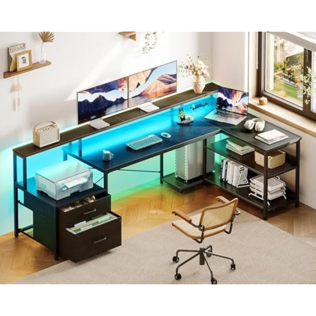 ODK L-Shaped Gaming Desk with LED Lights, Power Outlets & Drawers - Black