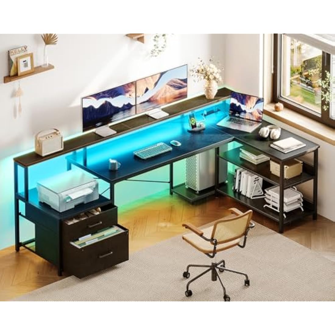 ODK L-Shaped Gaming Desk with LED Lights, Power Outlets & Drawers - Black