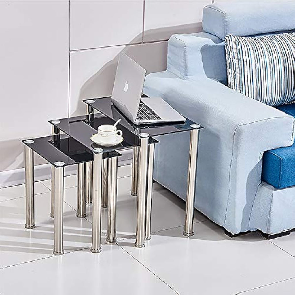Nesting Tables – Set of 3 Glass and Stainless Steel Tables