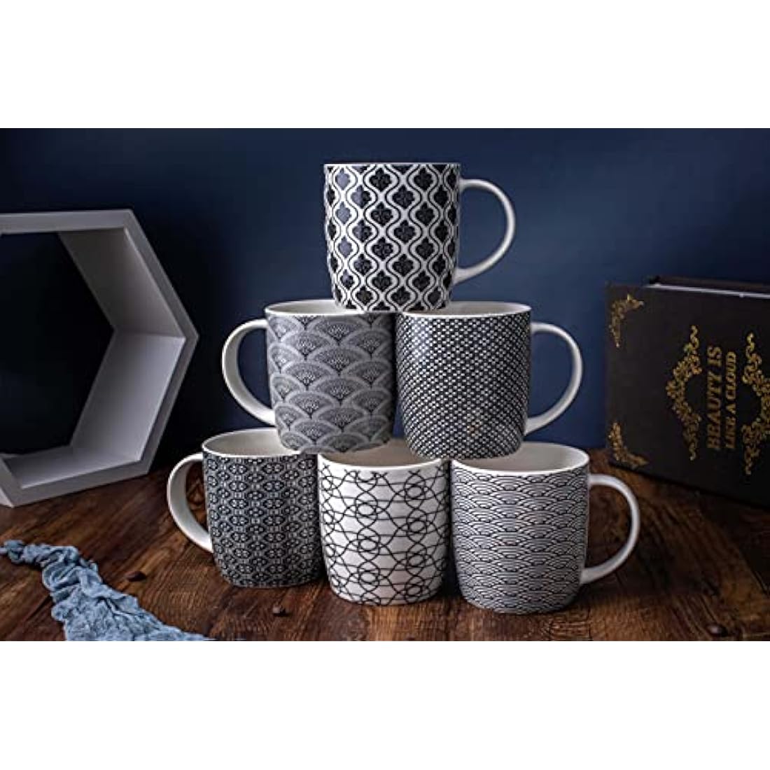 MACHUMA Ceramic Coffee Mugs Set of 6 – 11.5oz Black & White Geometric