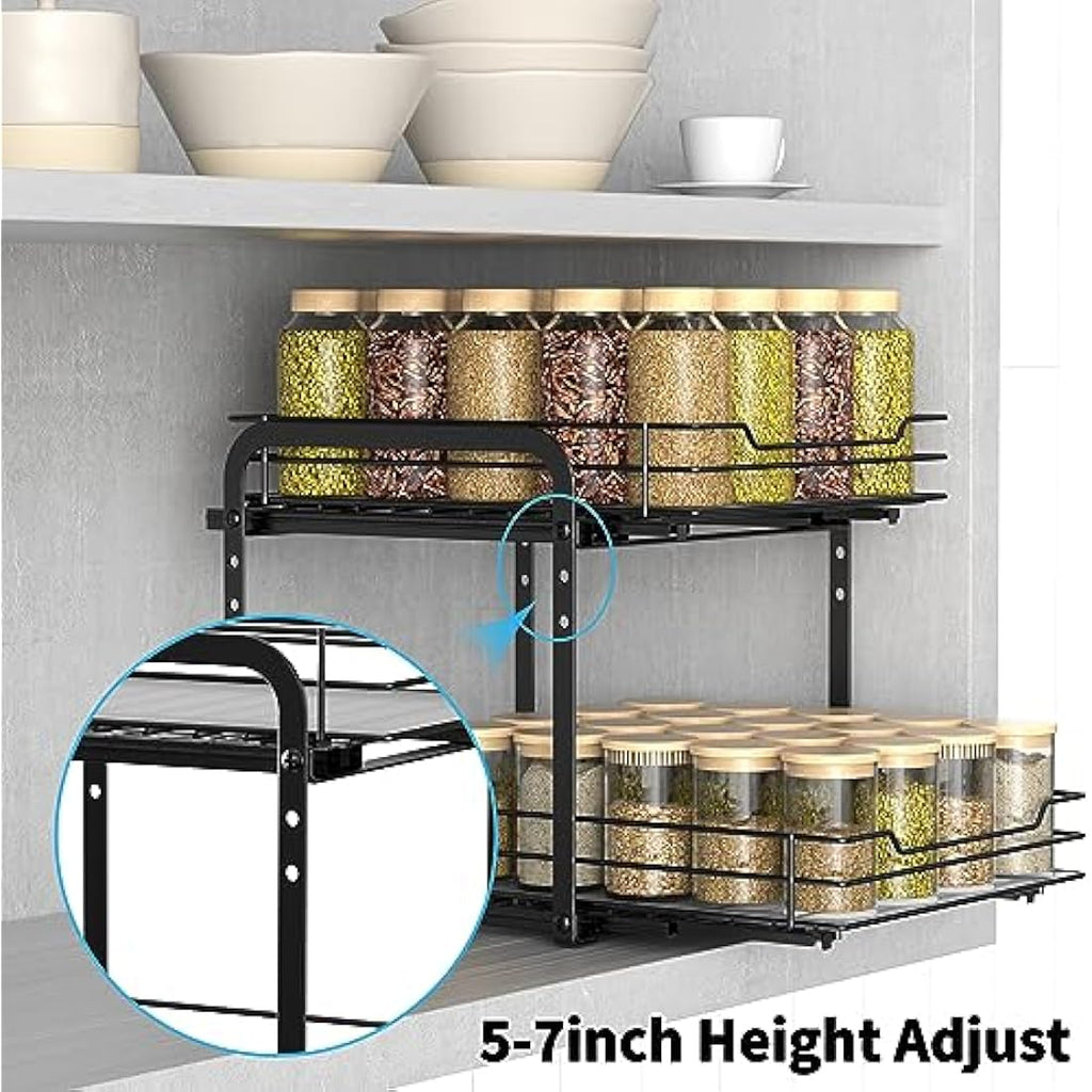 Pull Out Spice Rack – 2-Tier Adjustable Metal Cabinet Organizer