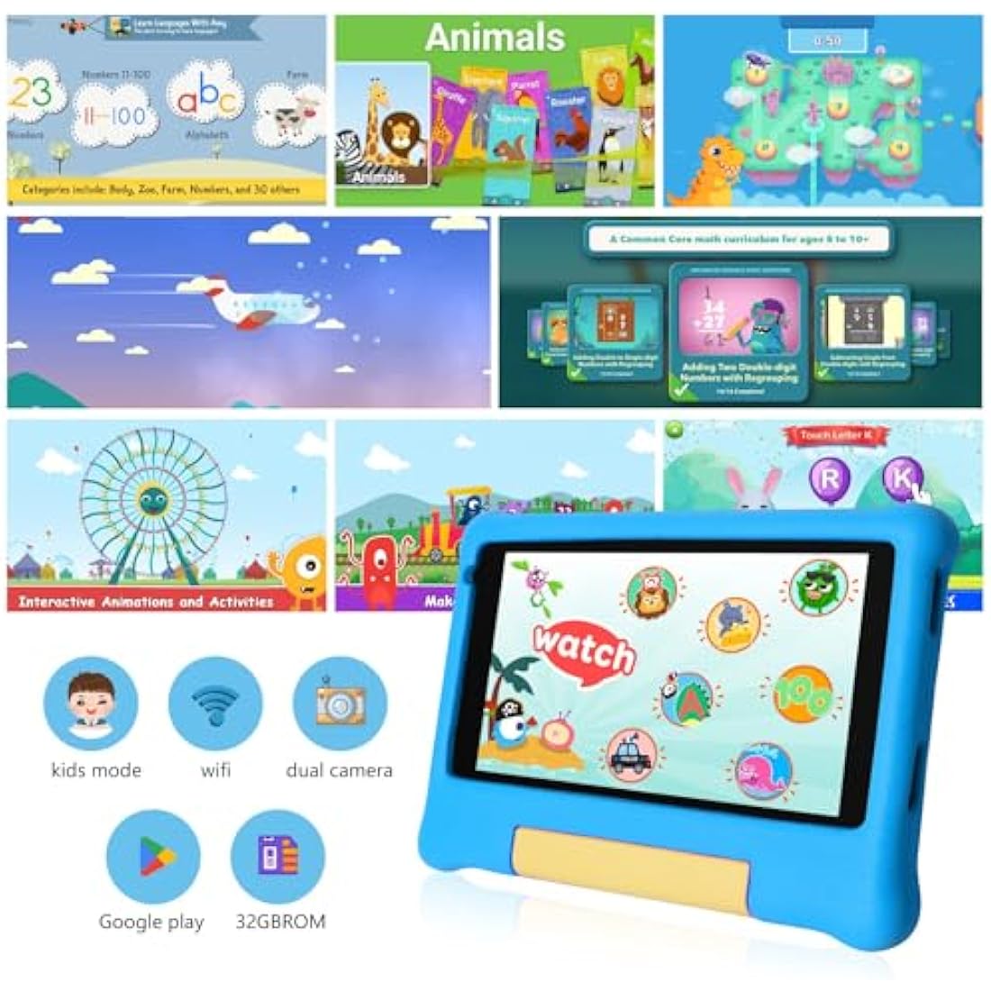 Ainmel 7 Inch Kids Tablet – Android 13, 5GB RAM, 32GB ROM with Case (Blue)