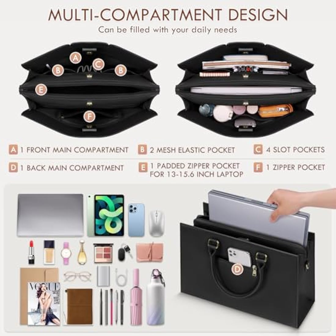 RAINSMORE 15.6 Inch Laptop Bag for Women | PU Leather Work Tote – Black