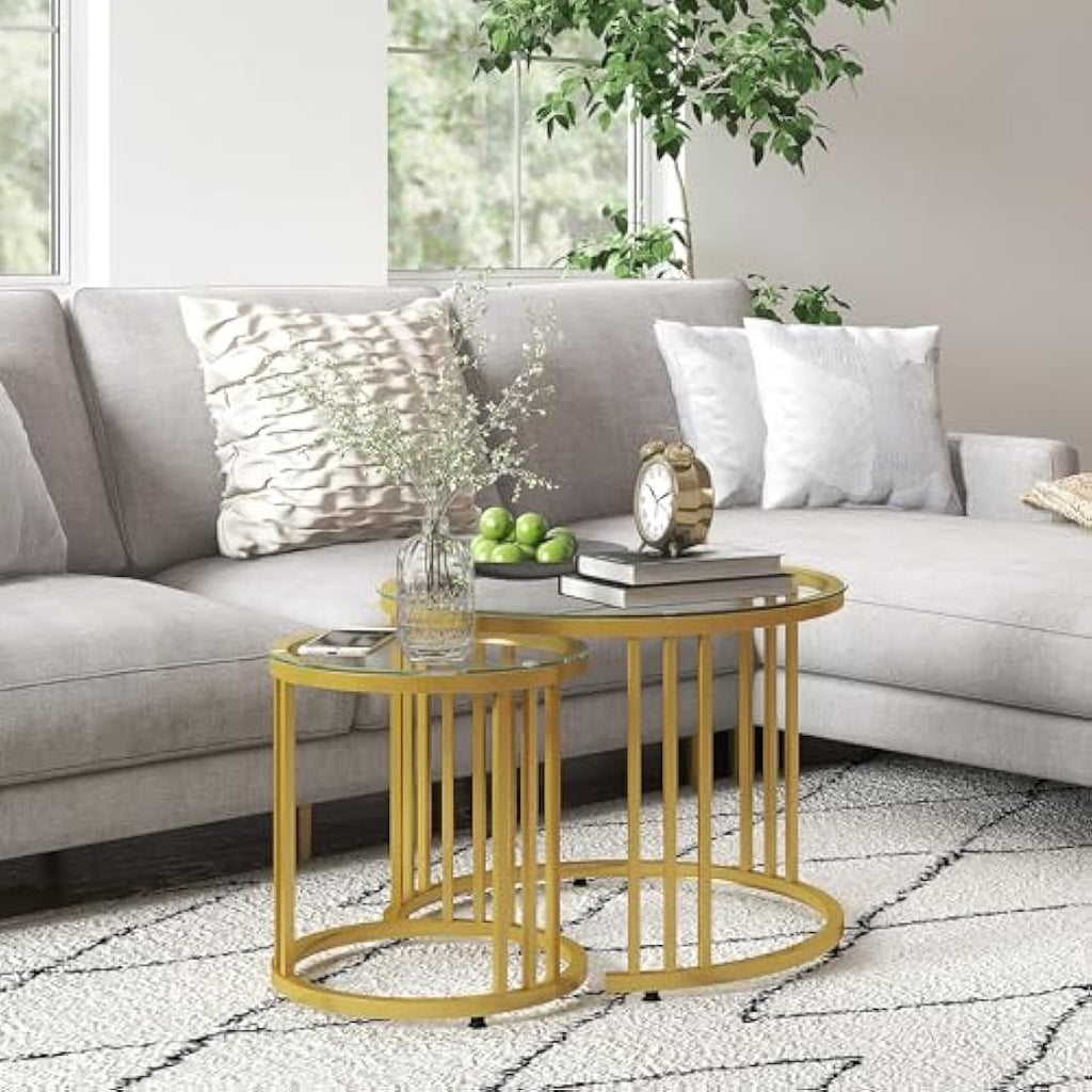HOMCOM Nest of Tables – Round Glass Coffee Tables Set of 2, Gold