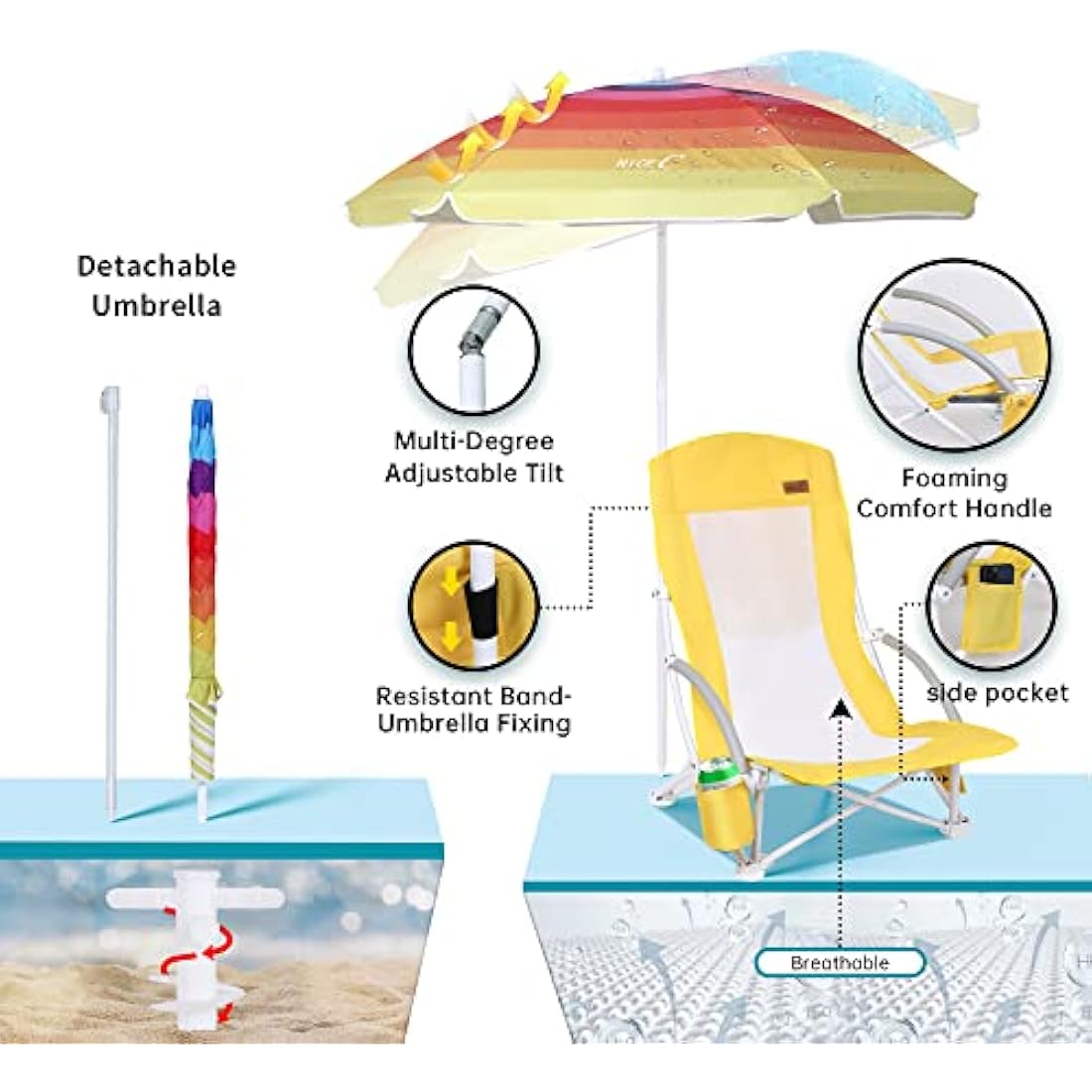 Nice C High Back Beach Chairs with Umbrella and Cooler Bag, 2-Pack Yellow