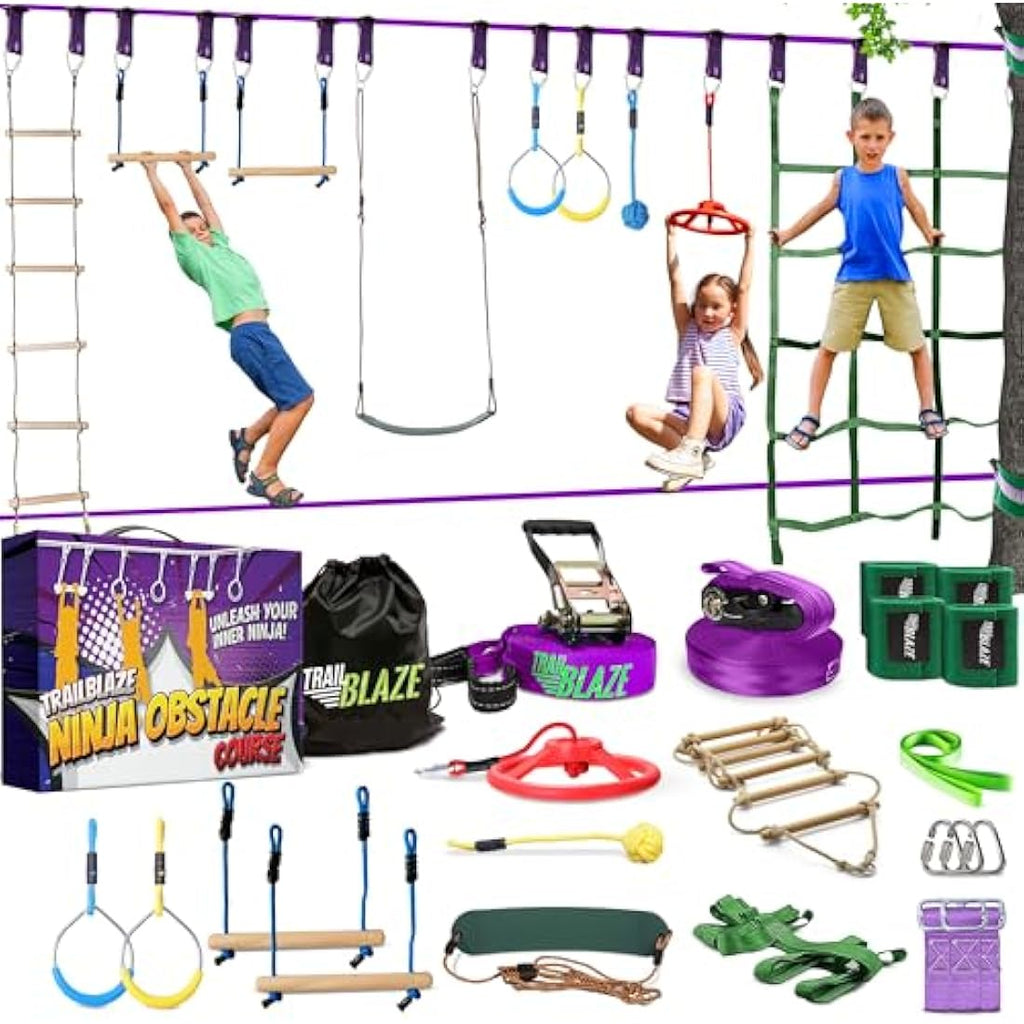 Ninja Warrior Obstacle Course - 55ft Slackline Kit with 10 Obstacles