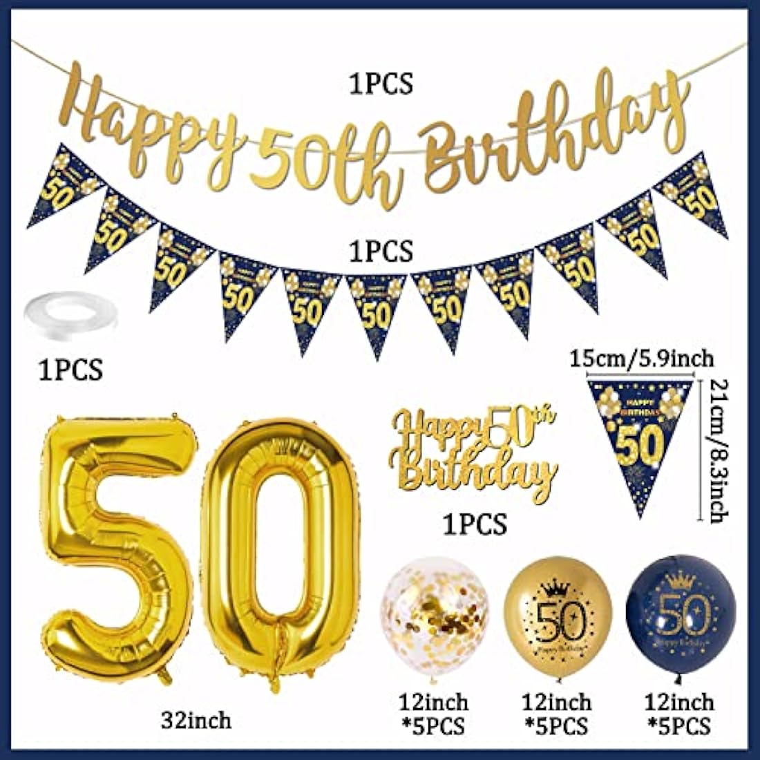 Jolof Store 50th Birthday Decorations Kit – Navy Blue & Gold Party Set