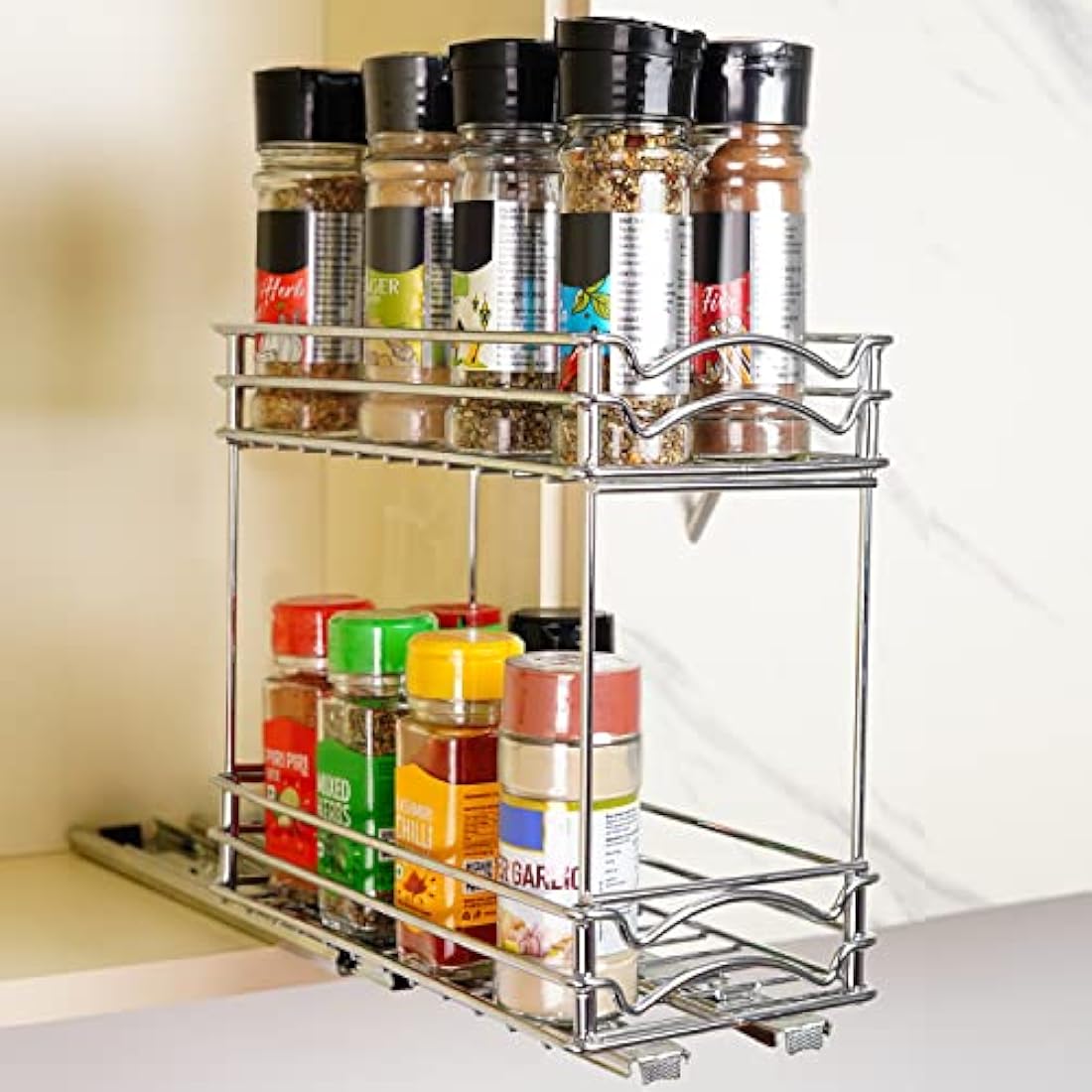 BELLE VOUS 2-Tier Pull Out Spice Rack – Heavy-Duty Sliding Kitchen Organiser