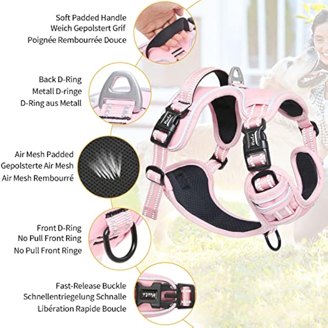 HEELE No Pull Dog Harness | Reflective Padded Pet Vest - Light Pink, XL
