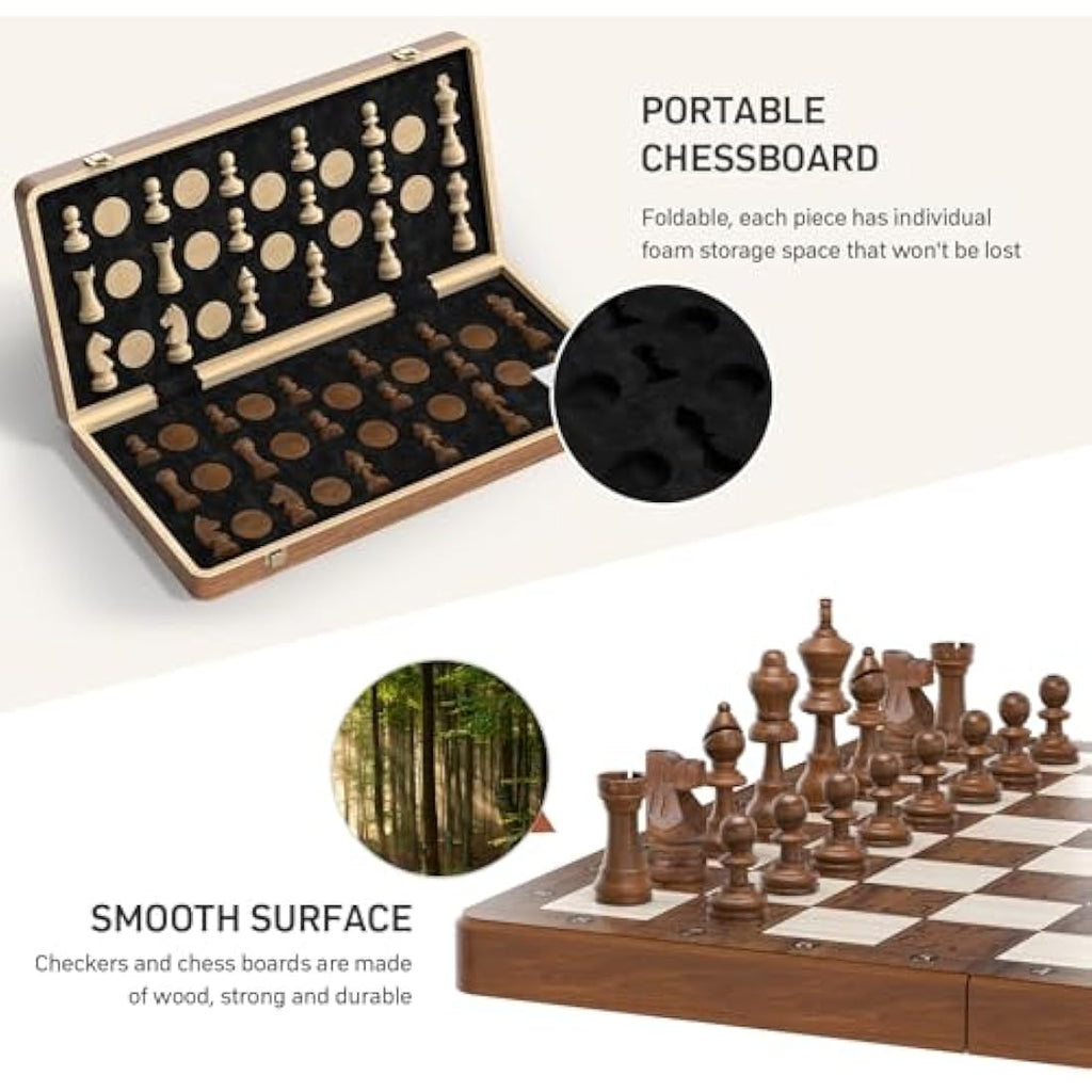 Sarr Klith 16" Wooden Magnetic Chess and Checkers Set | Foldable 2-in-1