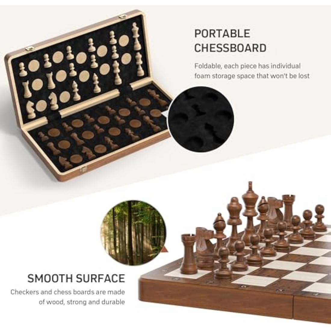 Sarr Klith 16" Wooden Magnetic Chess and Checkers Set | Foldable 2-in-1