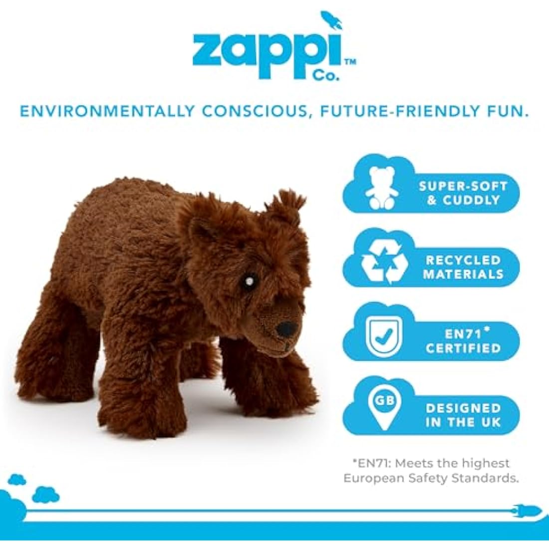 Zappi Co Grizzly Bear Plush Toy – 21cm Recycled Eco-Friendly Soft Toy