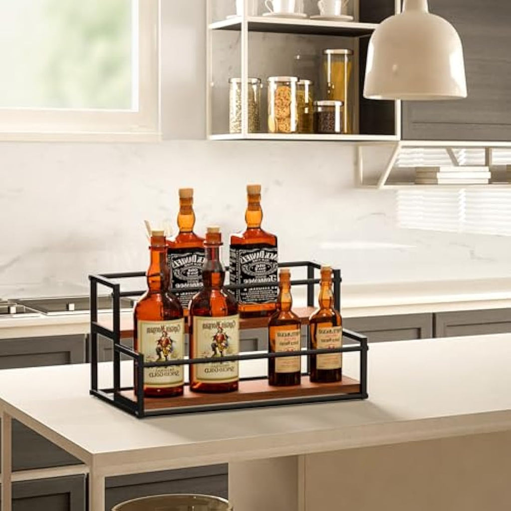 THYGIFTREE 2-Tier Coffee Syrup Rack – 10 Bottle Metal & Wood Organizer