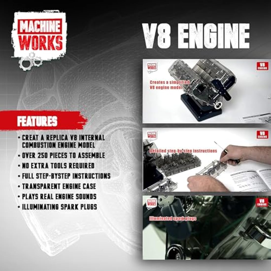 Machine Works V8 Engine Model Building Kit – 250+ Piece STEM Toy