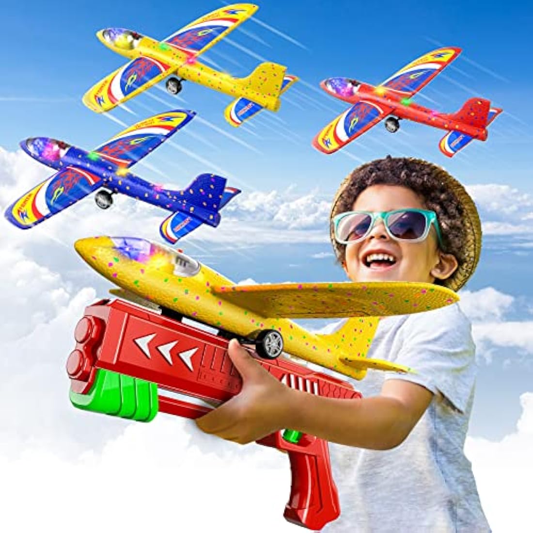 Doloowee 3-Pack LED Foam Glider Airplane Launcher Toys for Kids – Red