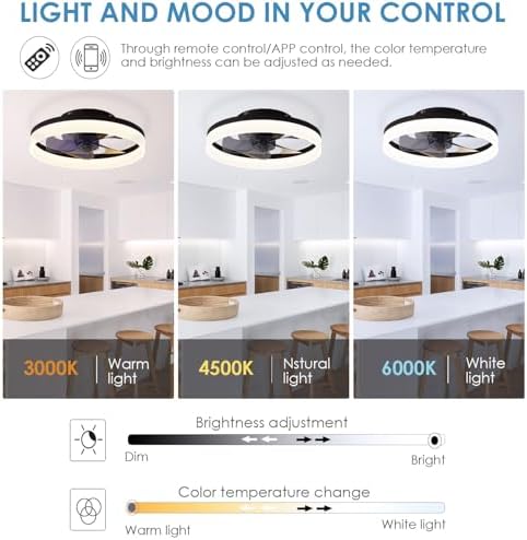 MOSSCO Modern Flush Mount Ceiling Fan with Light - 40cm Black LED