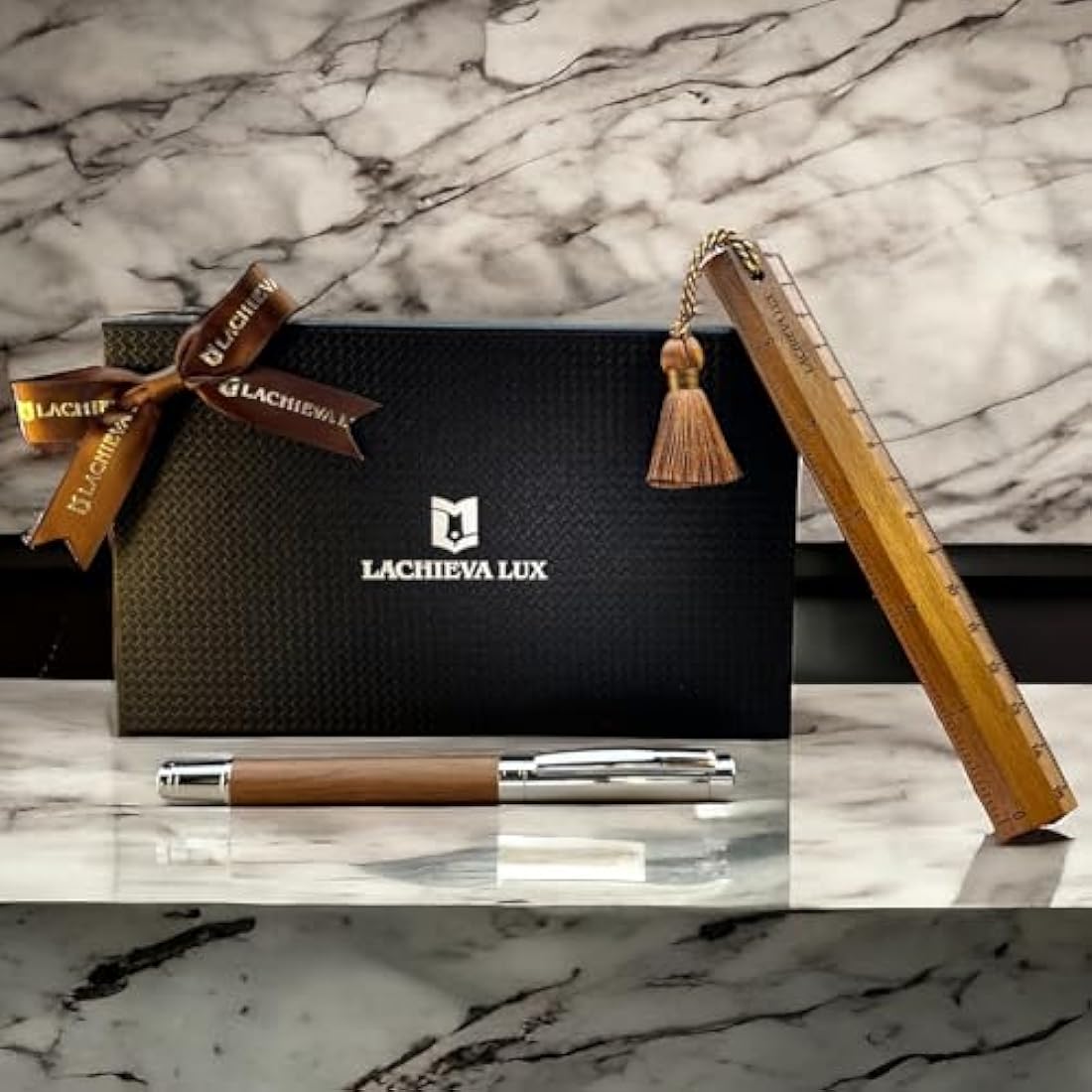 LACHIEVA LUX Walnut Wood Rollerball Pen and Ruler Bookmark Gift Set