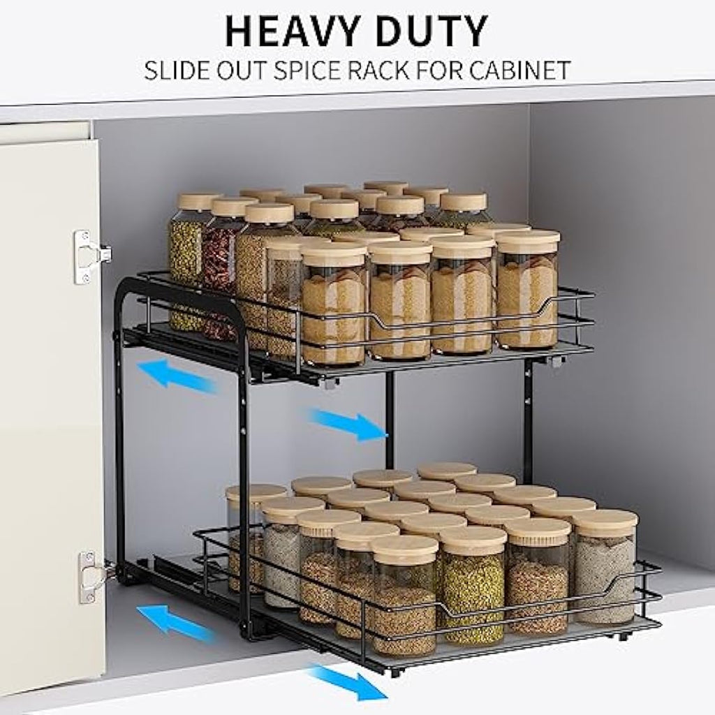 Pull Out Spice Rack – 2-Tier Adjustable Metal Cabinet Organizer