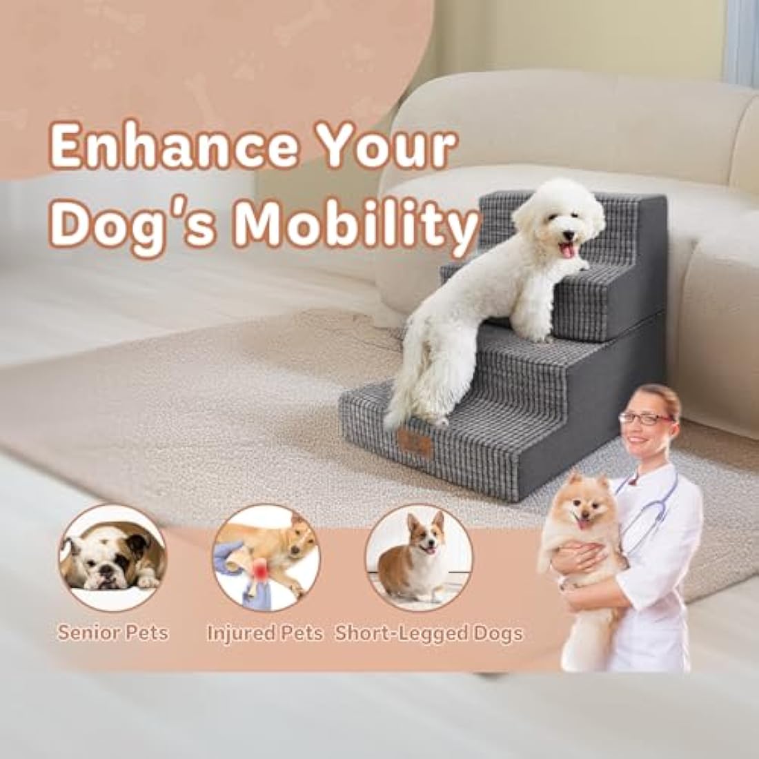 Sytopia 4-Step Foam Dog Stairs – Non-Slip Pet Ramp for High Beds, Grey