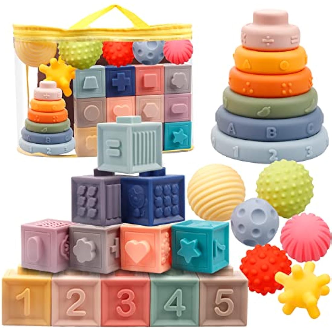 Jolof Store Montessori Baby Toys – 24pc Soft Sensory Blocks & Teethers