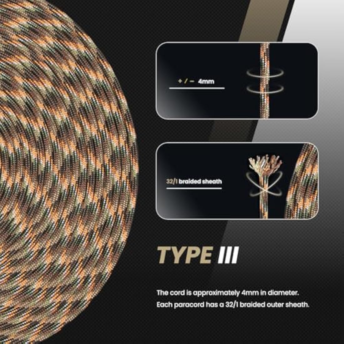 Abma Cord 4mm Type III Nylon Paracord – 9 Strands 100m Hidden Camo