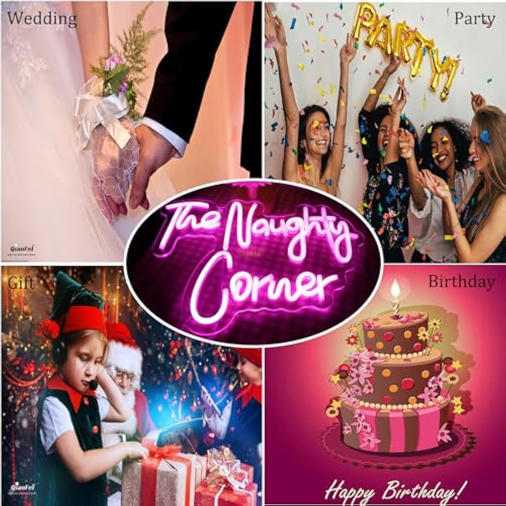 QiaoFei The Naughty Corner LED Neon Sign | Pink USB Wall Decor for Bars