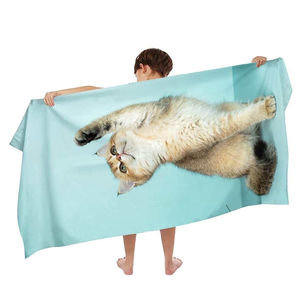 Ulticool Microfibre Children's Beach Towel 140 x 70 cm - Cat Dinosaur Blue - Lightweight Quick-Drying Travel Towel - image 1