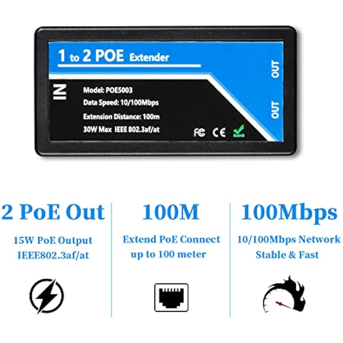 2-Port PoE Extender | 10/100Mbps IEEE 802.3af/at Repeater