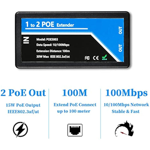 2-Port PoE Extender | 10/100Mbps IEEE 802.3af/at Repeater