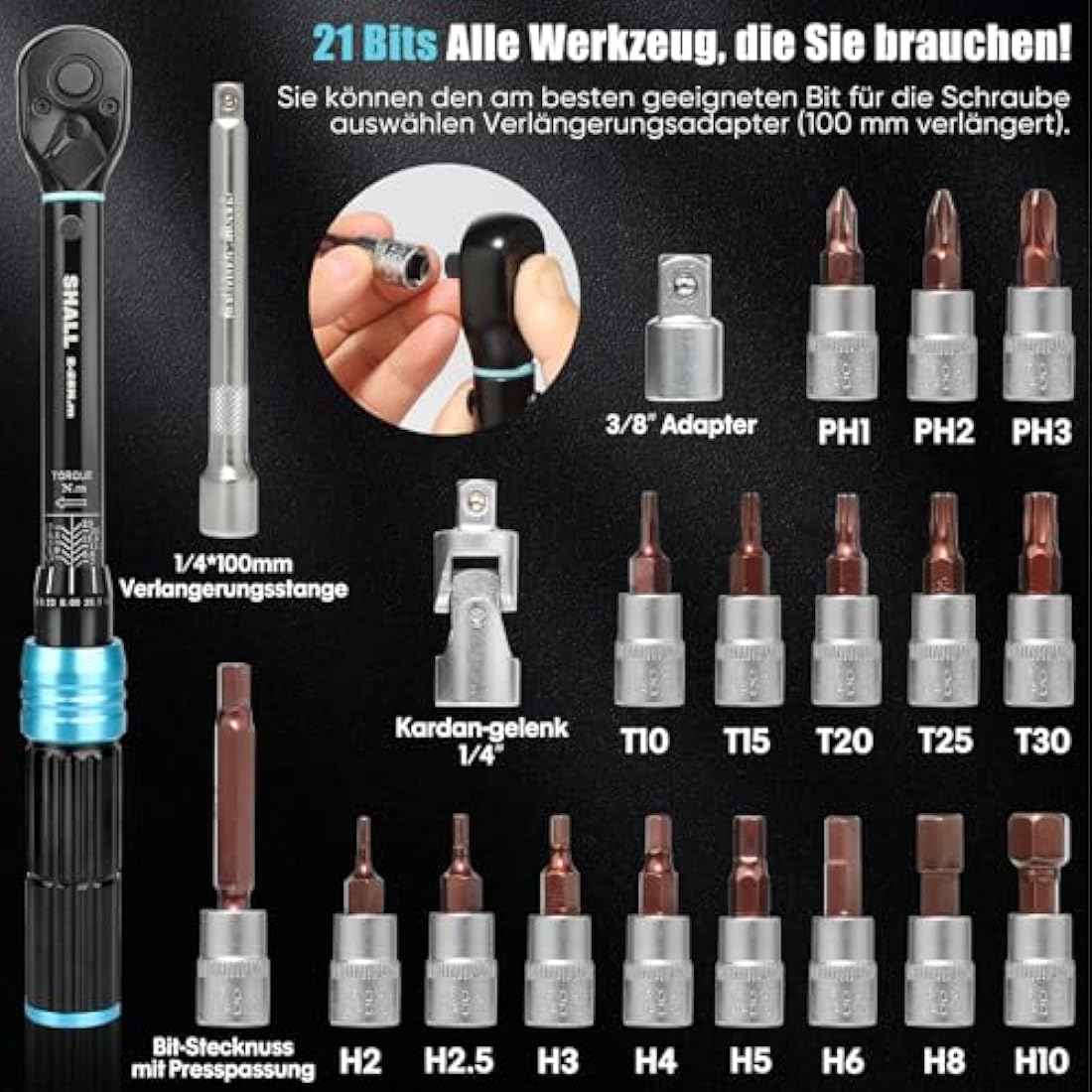 Shall 1/4" Torque Wrench Set | 2-25Nm 21-Piece Bike & Motorcycle Kit