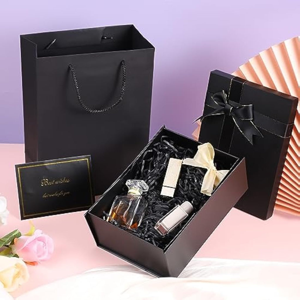Jolof Store Luxury Black Gift Box with Lid, Ribbon and Bag – 22x16x8.5cm