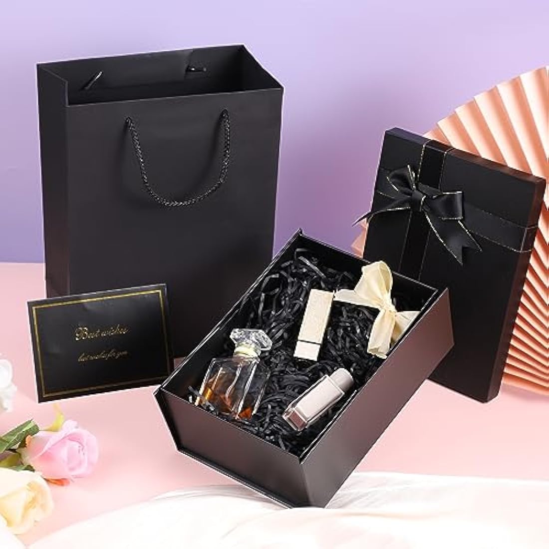 Jolof Store Luxury Black Gift Box with Lid, Ribbon and Bag – 22x16x8.5cm