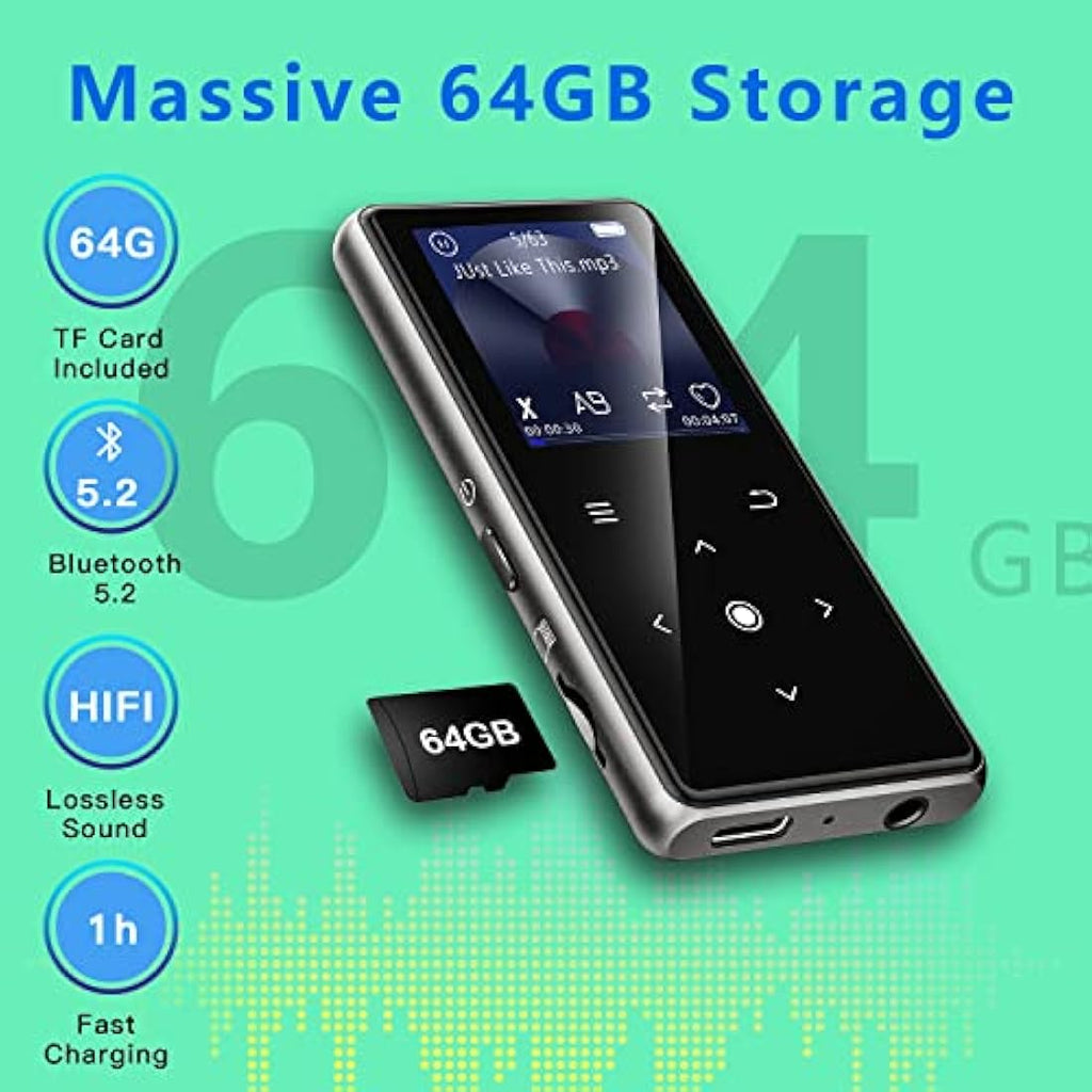 AiMoonsa 64GB MP3 Player with Bluetooth 5.2 | HiFi Lossless Music Player