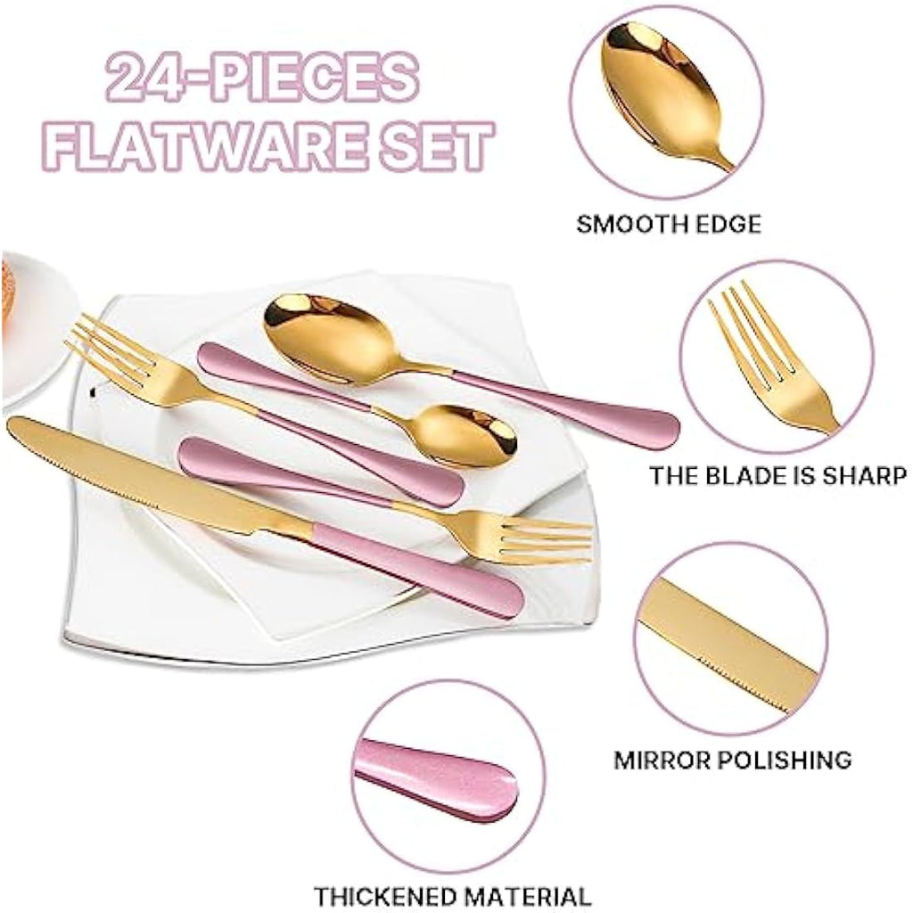 Jolof Store 24-Piece Stainless Steel Flatware Set for 6 – Pink & Gold