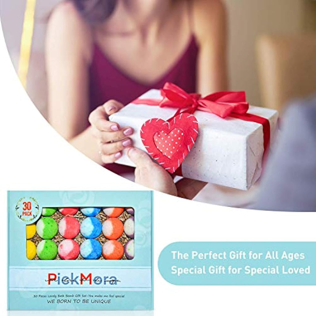 PickMora 30 Pcs Organic Bath Bomb Gift Set – Handmade Vegan Spa Kit