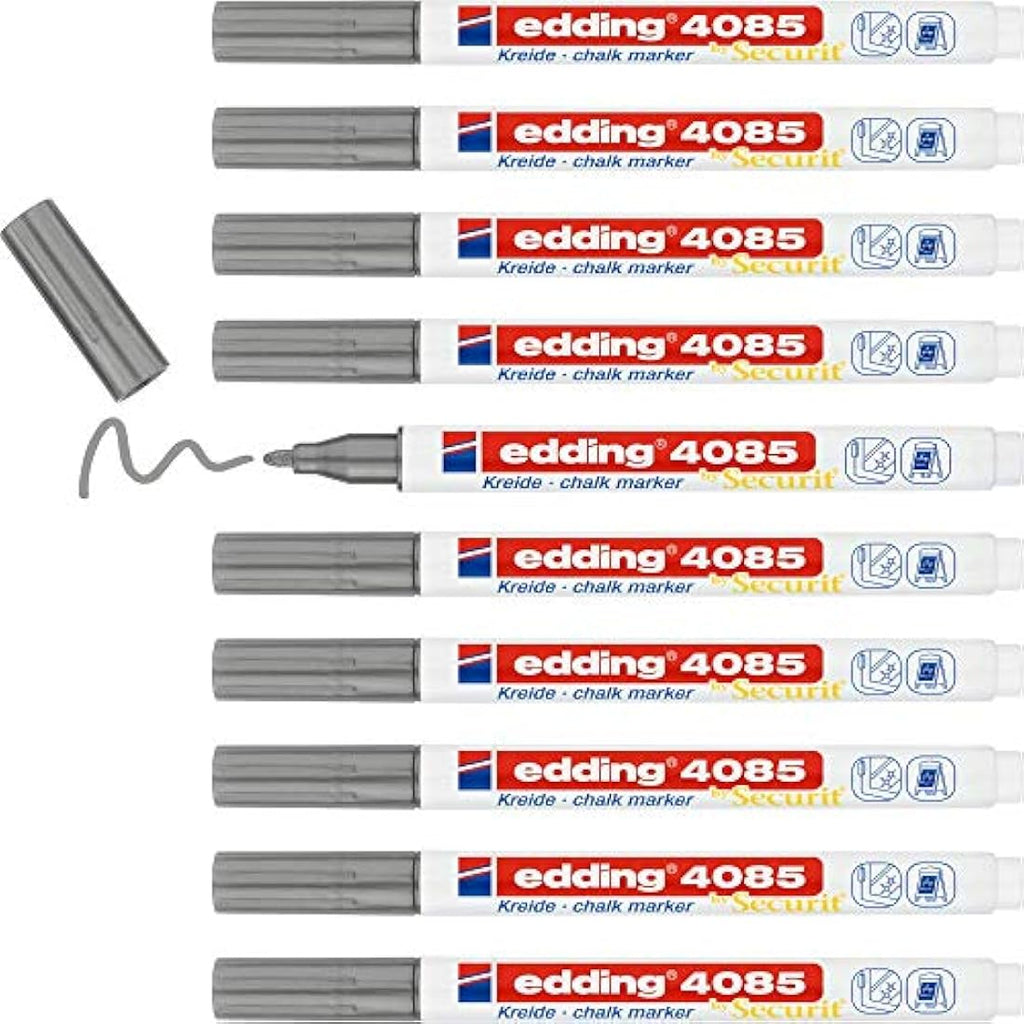 Edding 4085 Chalk Marker – Silver Fine Round Tip 1-2mm (10 Pack)