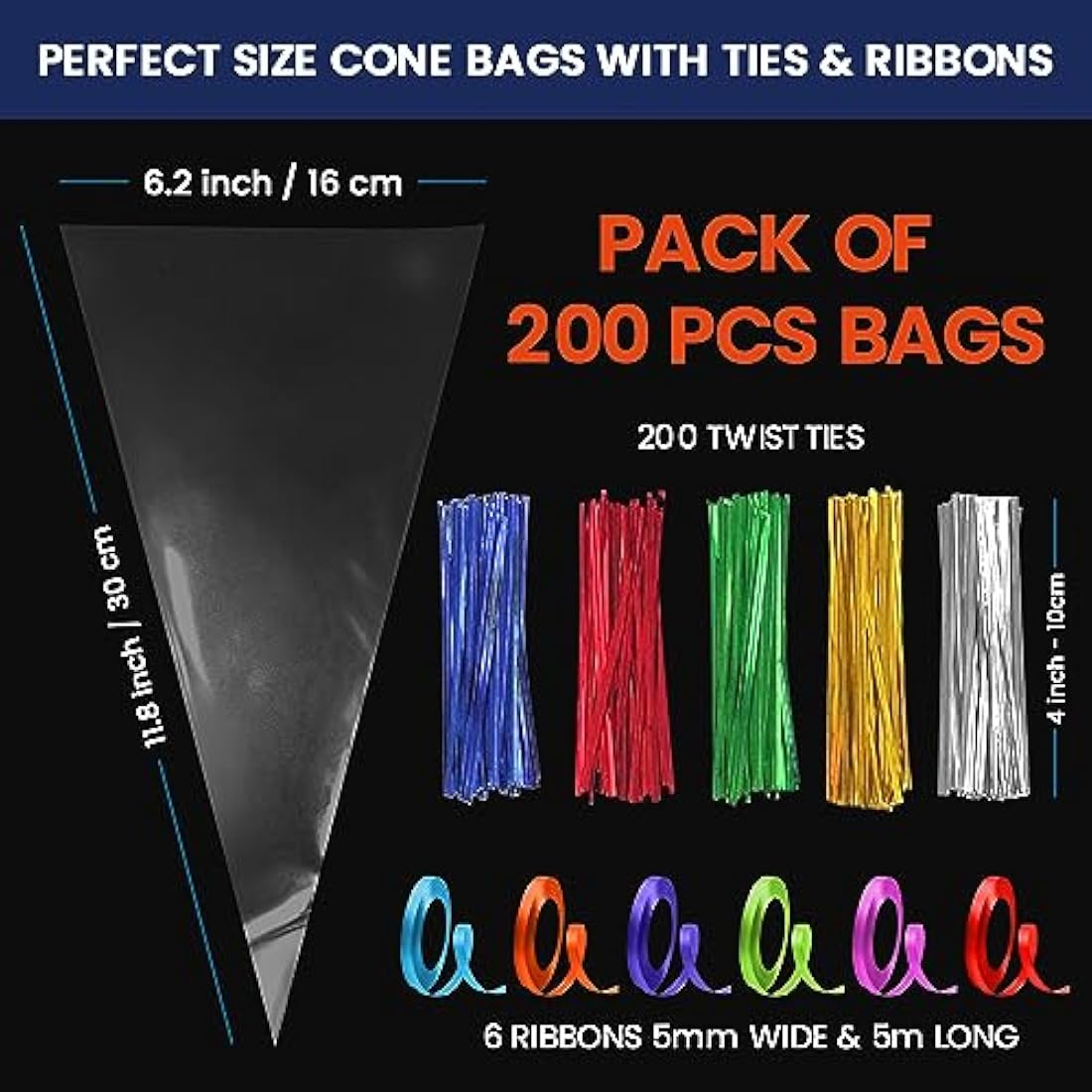 200 Pack Clear Cellophane Sweet Cone Bags with Twist Ties