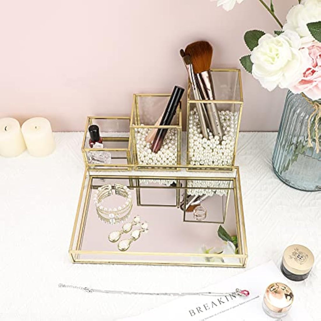 Jolof Store Gold Glass Makeup Organizer – Stackable Brush Holder & Tray