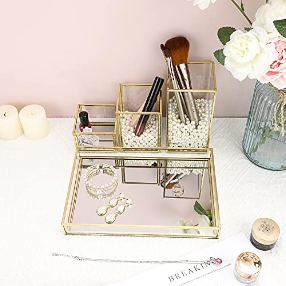 Jolof Store Gold Glass Makeup Organizer – Stackable Brush Holder & Tray