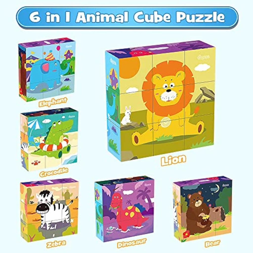 Japace 6-in-1 Wooden Animal Cube Puzzle – Montessori Toy for Toddlers