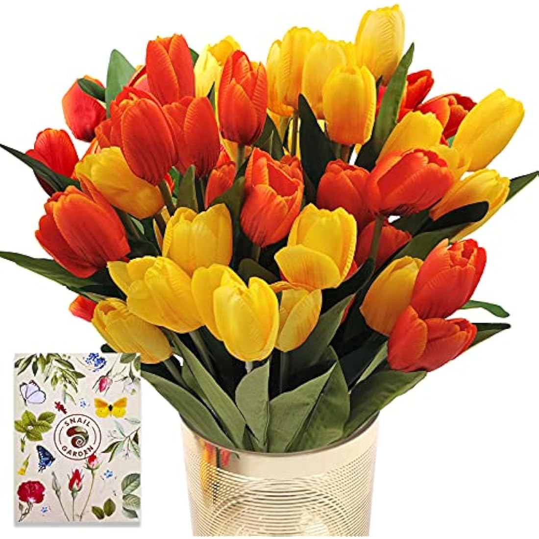 SnailGarden 36 Pcs Faux Silk Tulips - 13.8" Red & Yellow Floral Decor