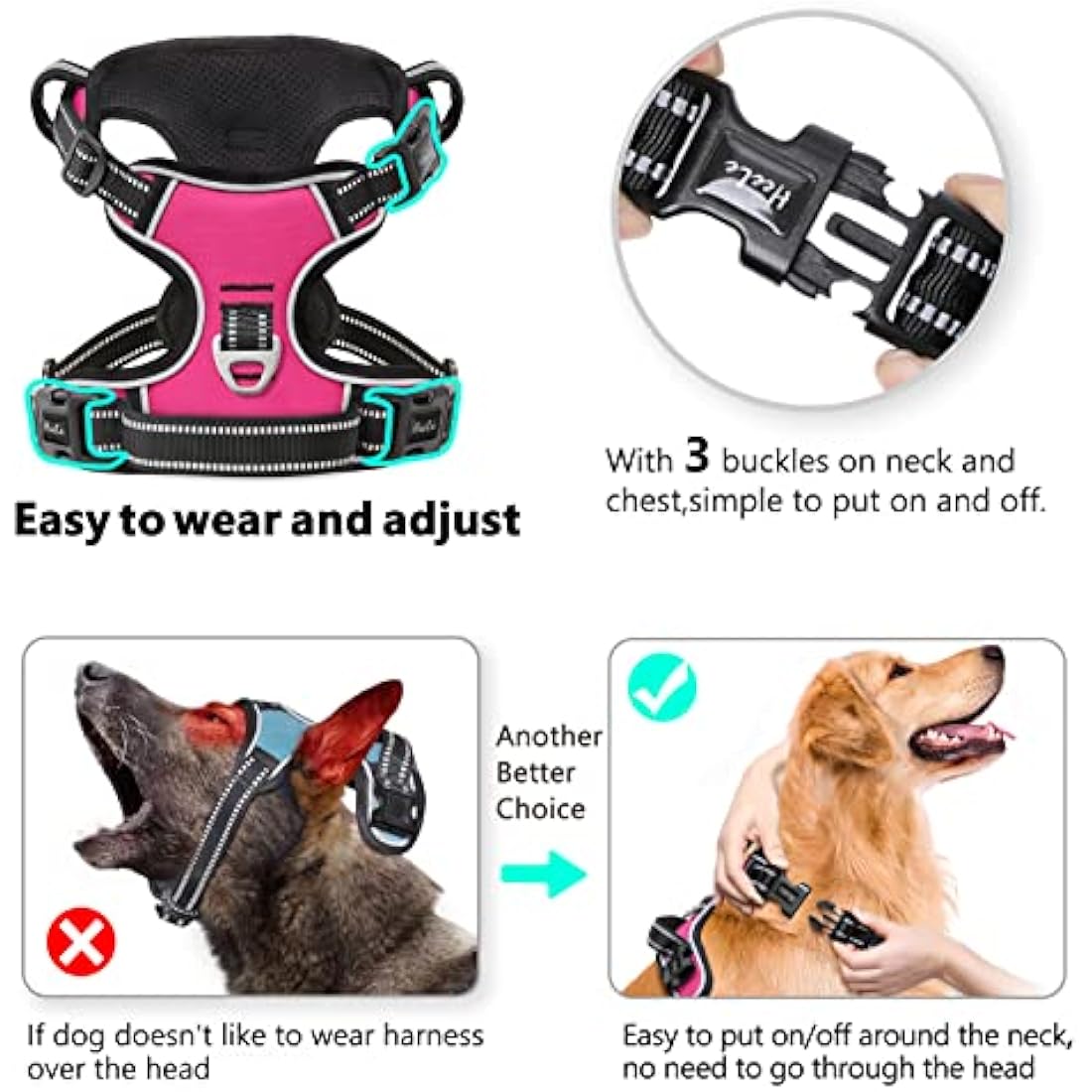 HEELE No Pull Dog Harness – Reflective Padded Oxford Vest, Fuchsia, Large