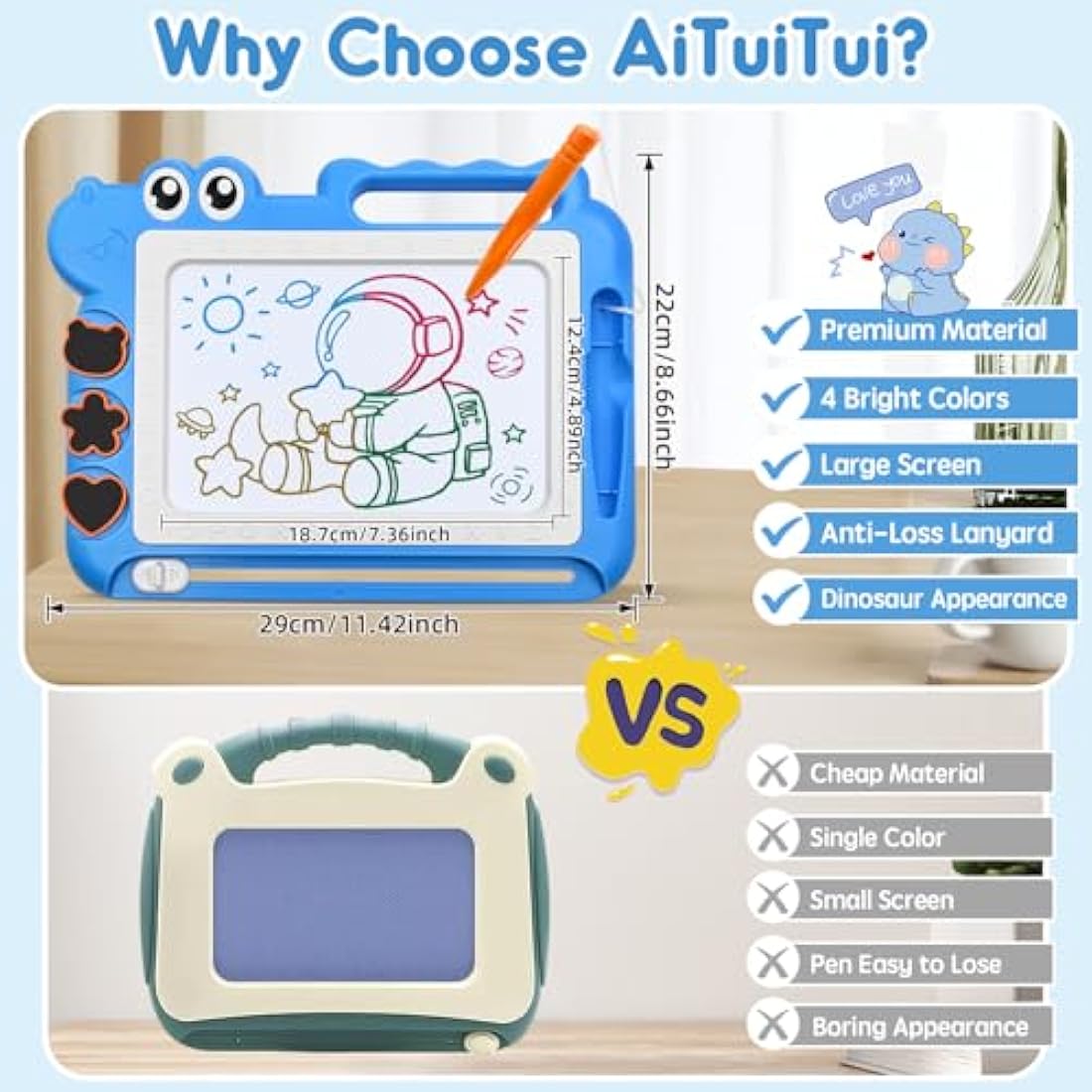AiTuiTui Dinosaur Magnetic Drawing Board | Erasable Toddler Doodle Toy – Blue