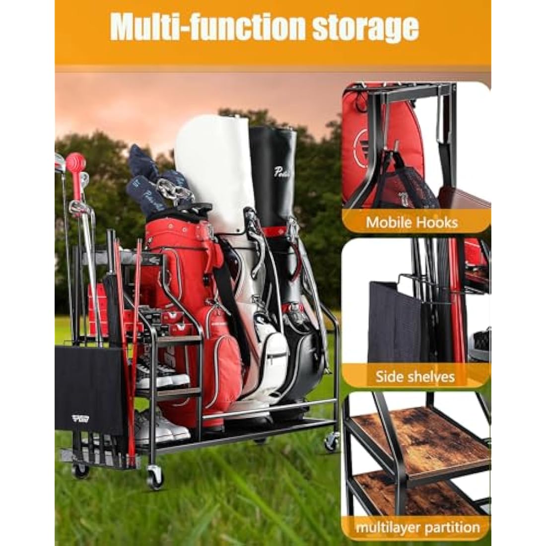 EXTCCT 3-Bag Golf Storage Organizer – Heavy-Duty Steel Rack with Wheels