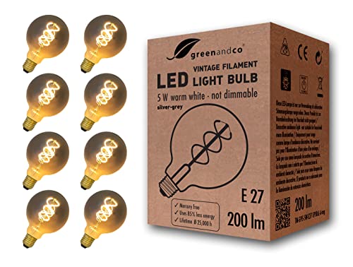 greenandco E27 G95 Vintage LED Filament Bulb - 1800K Warm White, 8-Pack