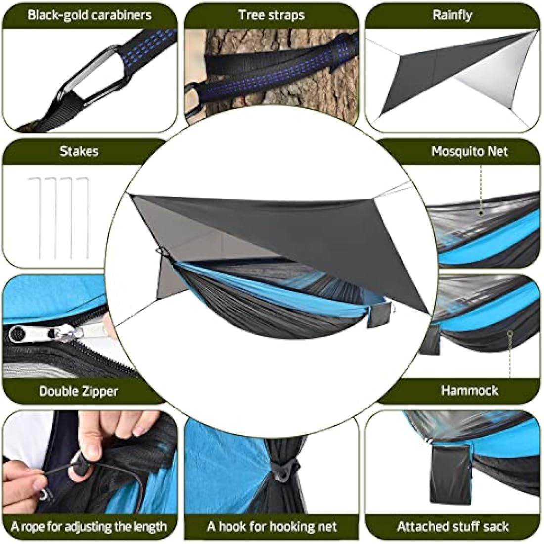 OTraki Camping Hammock with Mosquito Net and Rain Fly – Blue Grey Nylon