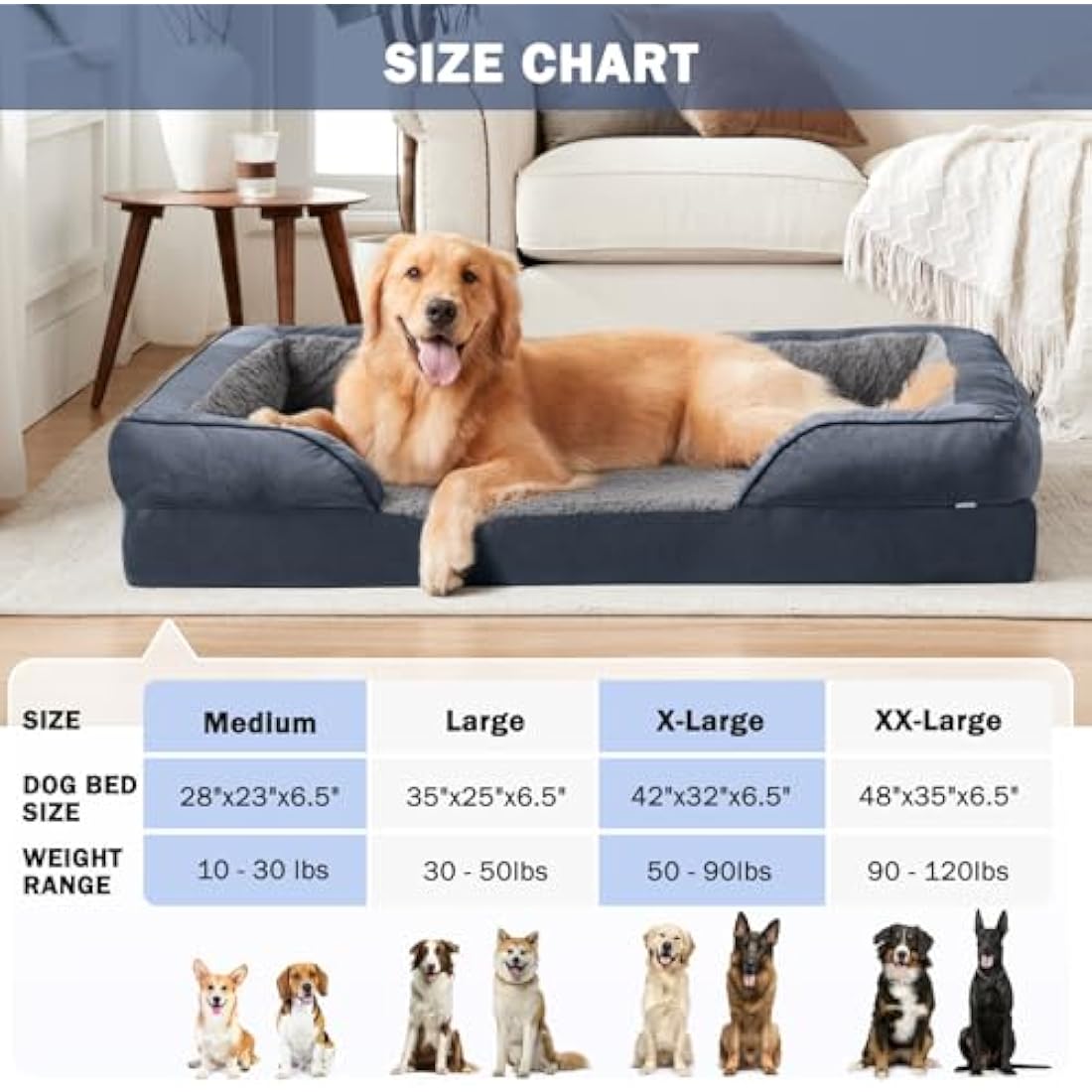 JOEJOY Orthopedic Memory Foam Large Dog Bed | Washable Sofa - Grey