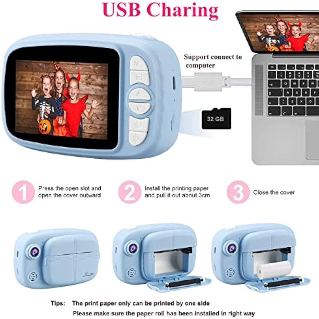 GlobalCrown Kids Instant Print Camera | 1080p HD Video with 32GB Card